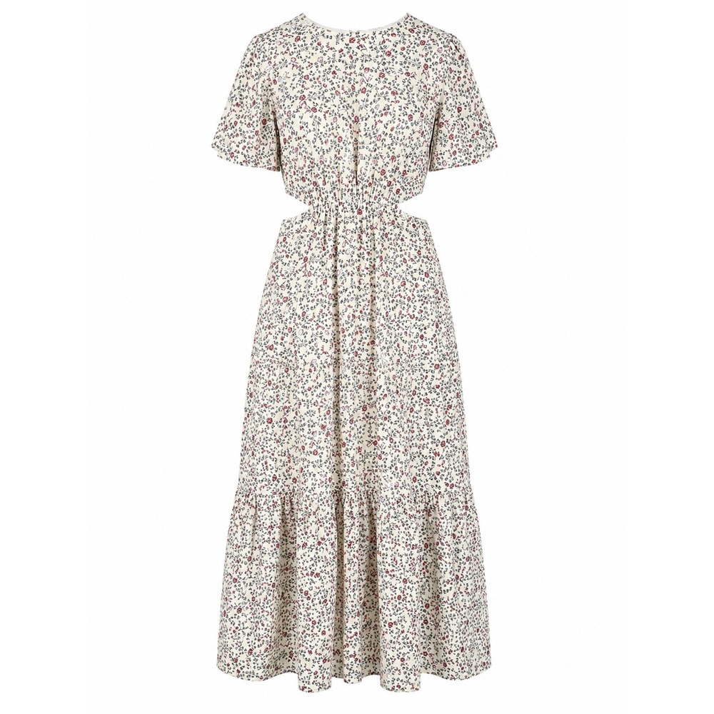 NWT‎ WAYF Plaza Cutout Tiered Maxi Dress Cream Red Green Floral Puff Sleeve XL